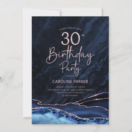 アガテネイビーブルーバラ金ゴールド30歳の誕生日 招待状 (正面)