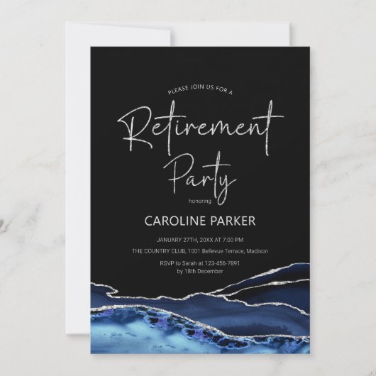 アガテネイビーブルーブラックシルバーリタイアメントパーティー 招待状 (正面)