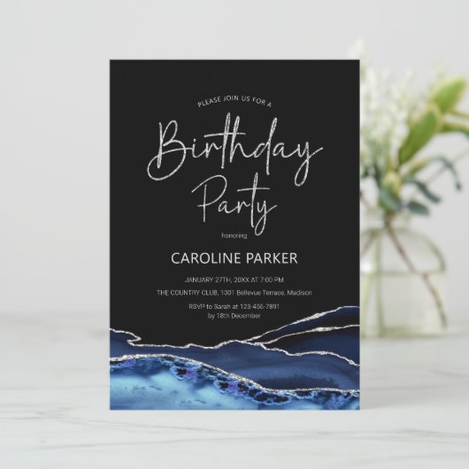 アガテネイビーブルーブラックシルバー誕生日任意の年齢 招待状 (スタンド正面)