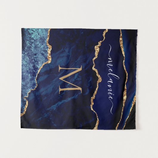 アガテネイビーブルーマーブルタペストリー名前をカスタムするレター タペストリー (正面(横))