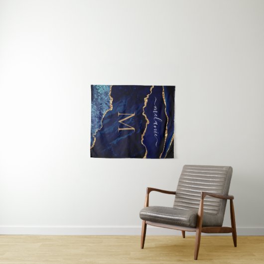 アガテネイビーブルーマーブルタペストリー名前をカスタムするレター タペストリー (インサイチュ(横))