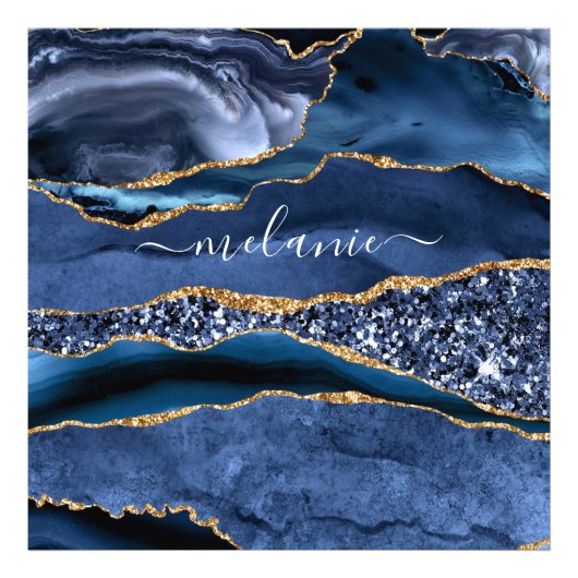 アガテネイビーブルー金ゴールドグリッタージェムストーン名前をカスタムする フォトプリント            (正面)