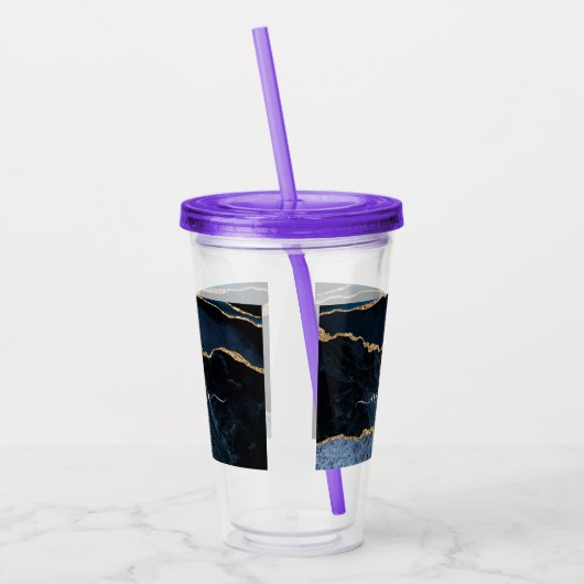 アガテネイビーブルー金ゴールドジェムストーンマーブルモノグラム名 アクリルタンブラー (左)