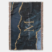 アガテネイビーブルー金ゴールドジェムストーンマーブルモノグラム名 スローブランケット (正面縦)