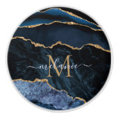 アガテネイビーブルー金ゴールドジェムストーンマーブルモノグラム名 セラミックノブ (正面)