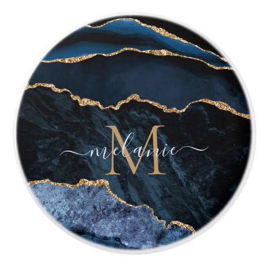 アガテネイビーブルー金ゴールドジェムストーンマーブルモノグラム名 セラミックノブ (正面)