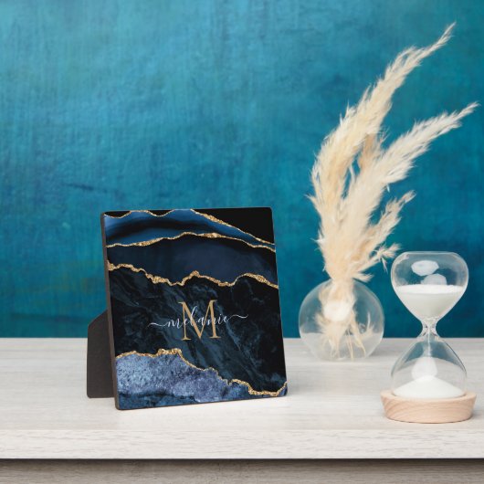 アガテネイビーブルー金ゴールドジェムストーンマーブルモノグラム名 フォトプラーク (インサイチュ)
