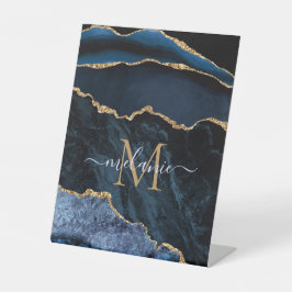 アガテネイビーブルー金ゴールドジェムストーンマーブルモノグラム名 台座サイン