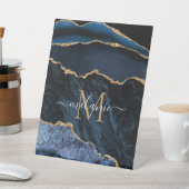 アガテネイビーブルー金ゴールドジェムストーンマーブルモノグラム名 台座サイン (インサイチュ)