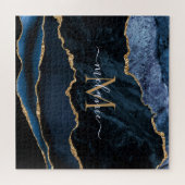 アガテネイビーブルー金ゴールドジェムストーンマーブルモノグラム ジグソーパズル (横)