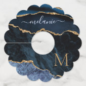 アガテネイビーブルー金ゴールドジェムストーンマーブル名前をカスタムする ワイングラスタグ (正面)