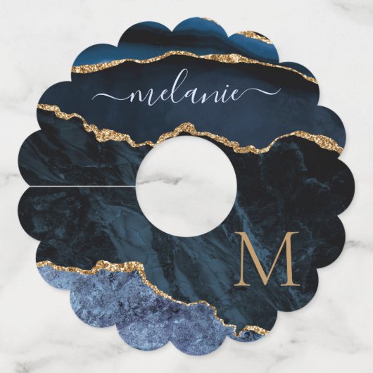 アガテネイビーブルー金ゴールドジェムストーンマーブル名前をカスタムする ワイングラスタグ (正面)