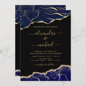 アガテネイビーブルー金ゴールドブルー結婚ズ 招待状 (正面/裏面)