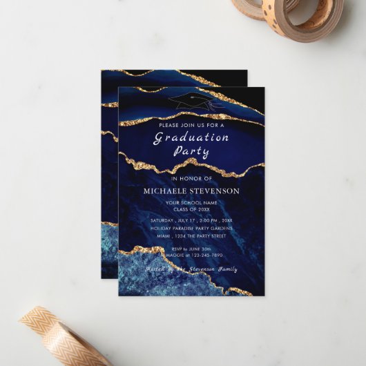 アガテネイビーブルー金ゴールド大理石卒業招待状 ノートカード (正面/裏面インサイチュ)
