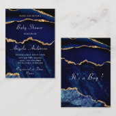アガテネイビーブルー金ゴールド男の赤ちゃんシャワー招待状 ノートカード (正面/裏面)