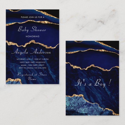 アガテネイビーブルー金ゴールド男の赤ちゃんシャワー招待状 ノートカード (正面/裏面)