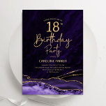 アガテパープル金ゴールド18誕生日 招待状<br><div class="desc">パープルと金ゴールドは18歳の誕生日パーティーの招待を集めた。モダンエレガントデザインは水彩大理石の地殻の背景、グリッター金ゴールドフェイク、タイポグラフィスクリプトフォントを特徴とする。トレンディー招待状カードは女性スタイリッシュの日のお祝いに最適。印刷されたZazzle招待状または即時ダウンロードのデジタル印刷可能なテンプレート。</div>