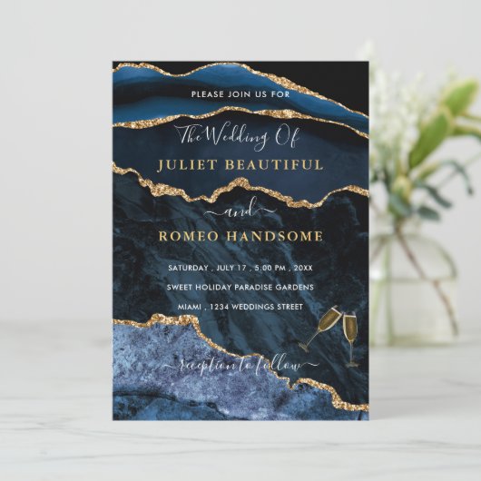 アガテブルー金ゴールドリングや輪ラグジュアリー結婚式招待状 (スタンド正面)