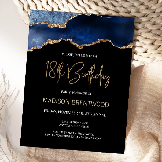 アガテブルー金ゴールド18番目の誕生日招待状 ポストカード