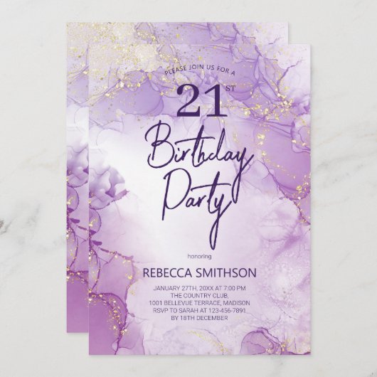 アガテ海軍パープルと金ゴールド21歳の誕生日 招待状 (正面/裏面)