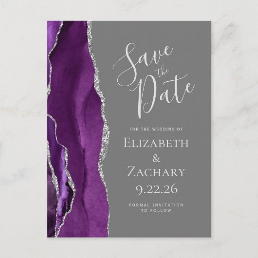 アガートパープルシルバーグレイ日付を保存 ポストカード (正面)