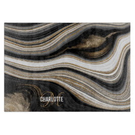 アガート白黒および金ゴールド流体モノグラム名 カッティングボード