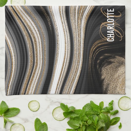 アガート白黒および金ゴールド流体モノグラム名 キッチンタオル (折り畳み)