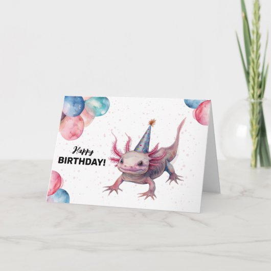 アキソロトルパーティーハットワイルドウォーター色ハッピーバースデー カード (正面)