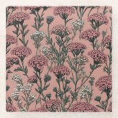 アキレアデザートエバ深いバラパターン ガラスコースター (正面)