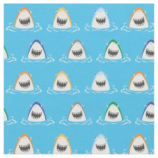 アクアおもしろいブルーの可愛いサメ ファブリック (クローズアップ)