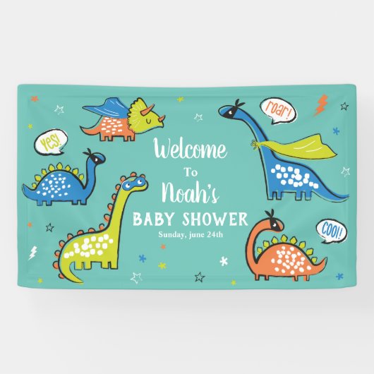 アクアおもしろいブルーの可愛いスーパーヒーロー恐竜 横断幕 (横)