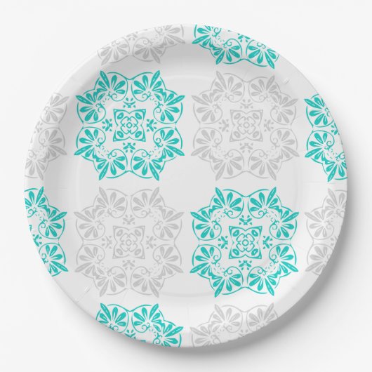 アクアおよびソフトグレイファンシーパターン紙プレート ペーパープレート (正面)