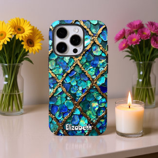 アクアおよび金ゴールドグリッドテクスチャ iPhone 16 PROケース