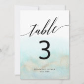 アクアおよび金ゴールド水彩ビーチ5x7インチテーブル番号 招待状 (正面)