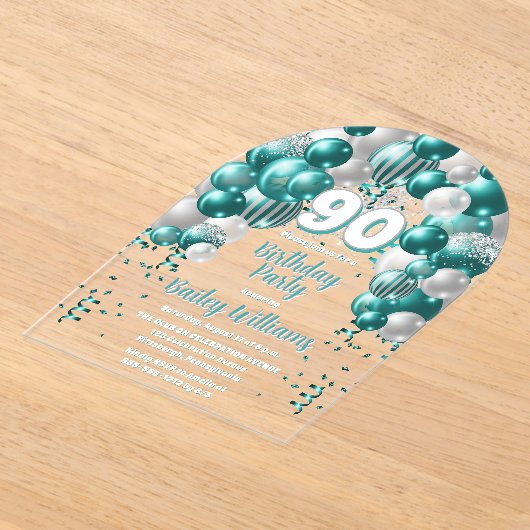 アクアお祝いバルーン90thバースデーパーティー アクリル招待状 (レイダウン)