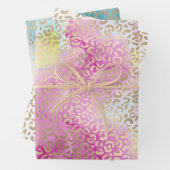 アクアかわいらしガーリーピンクイエロー金ゴールドヒョウ印刷 ラッピングペーパーシート (インサイチュ)