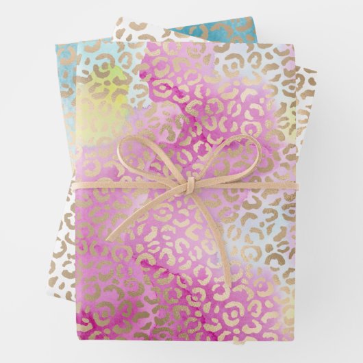 アクアかわいらしガーリーピンクイエロー金ゴールドヒョウ印刷 ラッピングペーパーシート (インサイチュ)