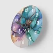 アクアかわいらしブルーパープル金ゴールドフローララブ ラウンド壁時計 (傾斜)