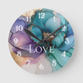 アクアかわいらしブルーパープル金ゴールドフローララブ ラウンド壁時計 (正面)