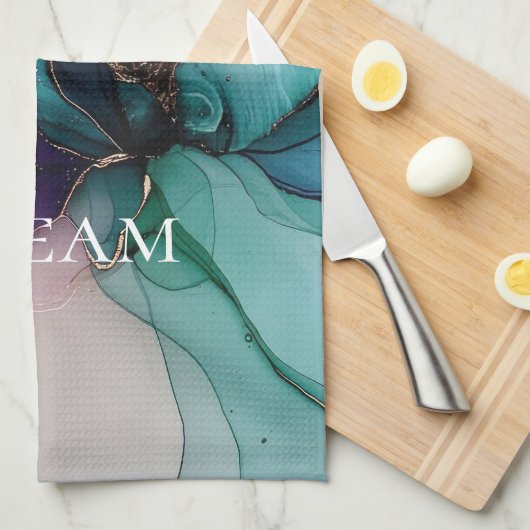 アクアかわいらしブルーパープル金ゴールドフローラ キッチンタオル (四つ折り)