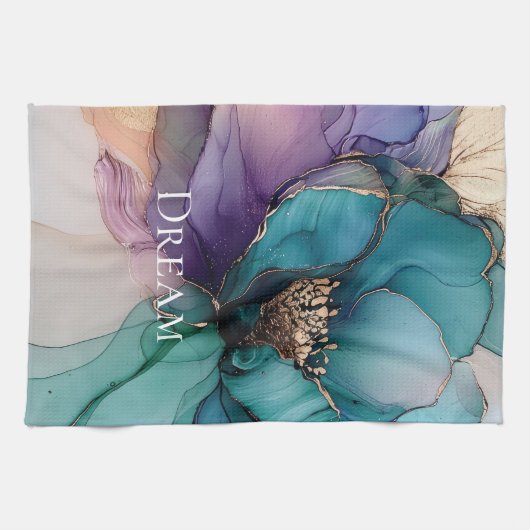 アクアかわいらしブルーパープル金ゴールドフローラ キッチンタオル (横)