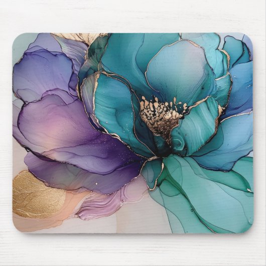 アクアかわいらしブルーパープル金ゴールドフローラ マウスパッド (正面)