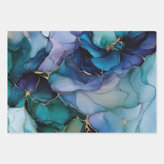 アクアかわいらしブルーパープル金ゴールドフローラ ラッピングペーパーシート (正面3)