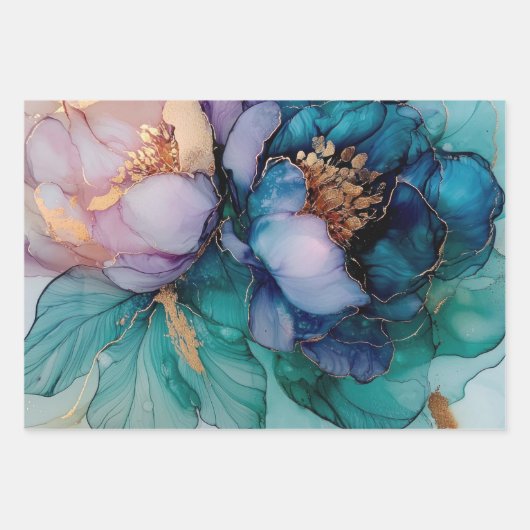 アクアかわいらしブルーパープル金ゴールドフローラ ラッピングペーパーシート (正面2)