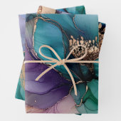 アクアかわいらしブルーパープル金ゴールドフローラ ラッピングペーパーシート (インサイチュ)