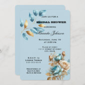 アクアかわいらしブルー金ゴールドアイボリーフローラブライダルシャワー 招待状 (正面/裏面)