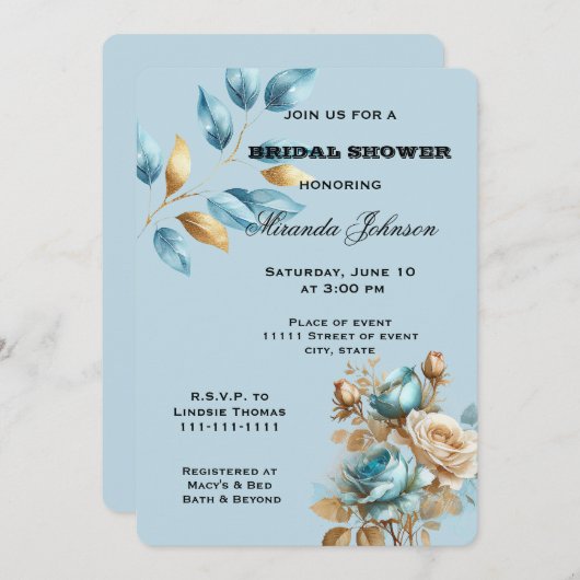 アクアかわいらしブルー金ゴールドアイボリーフローラブライダルシャワー 招待状 (正面/裏面)