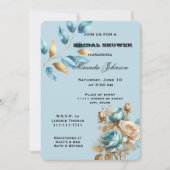 アクアかわいらしブルー金ゴールドアイボリーフローラブライダルシャワー 招待状 (正面)