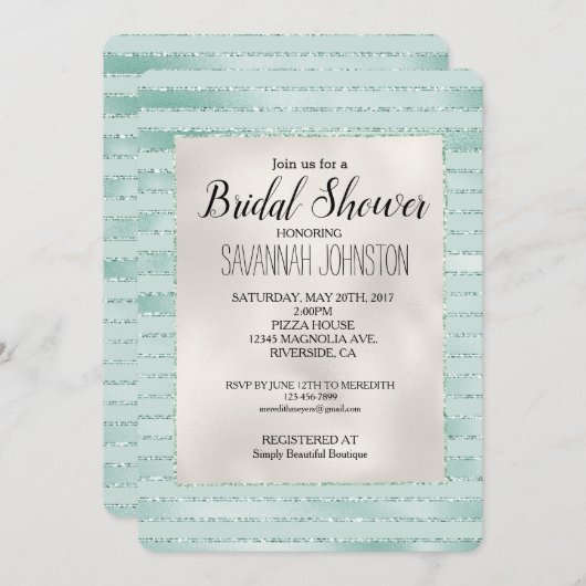 アクアかわいらしミントグリジーストライプブライダルシャワー 招待状 (正面/裏面)