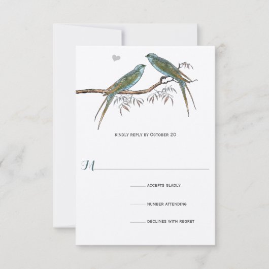 アクアさくらんぼブロッサムヴィンテージバードウェディング 出欠カード (正面)